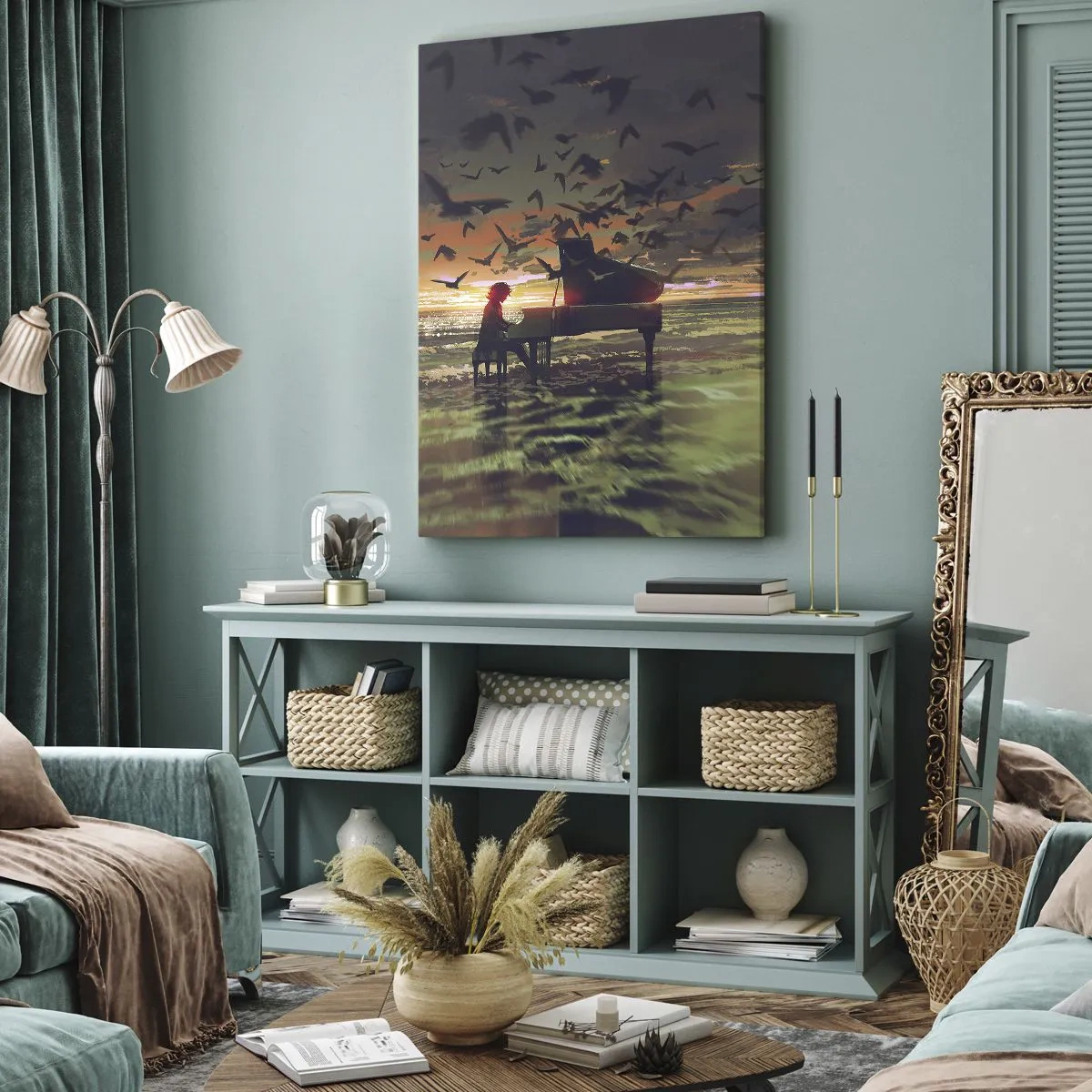 Cuadro sobre lienzo - Impresión de Imagen - Un piano en la orilla del mar al atardecer con pájaros. - 80x120cm - Concierto de piano y olas - Decoración de pared moderna para salón y dormitorio ARTTOR