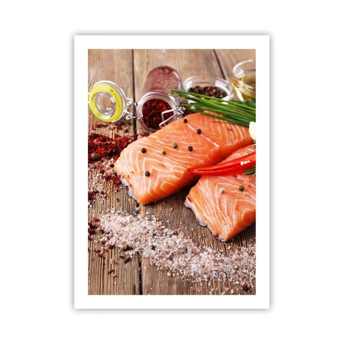 Póster - Filetes de salmón con especias sobre fondo rústico. - 50x70cm - Una aventura noruega en la cocina - Decoración de pared moderna para salón y dormitorio ARTTOR