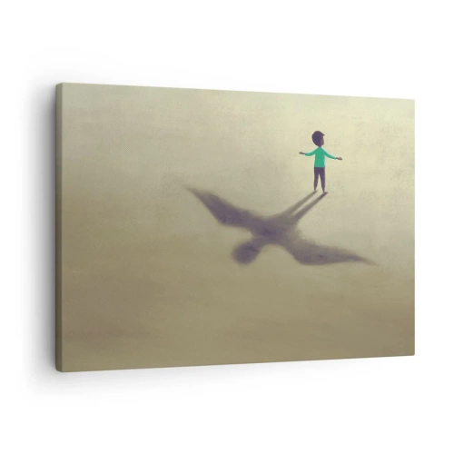 Cuadro sobre lienzo - Impresión de Imagen - Una figura simbólica de un niño con la sombra de un pájaro sobre un fondo de tonos cálidos. - 70x50cm - Héroe del futuro - Decoración de pared moderna para salón y dormitorio ARTTOR