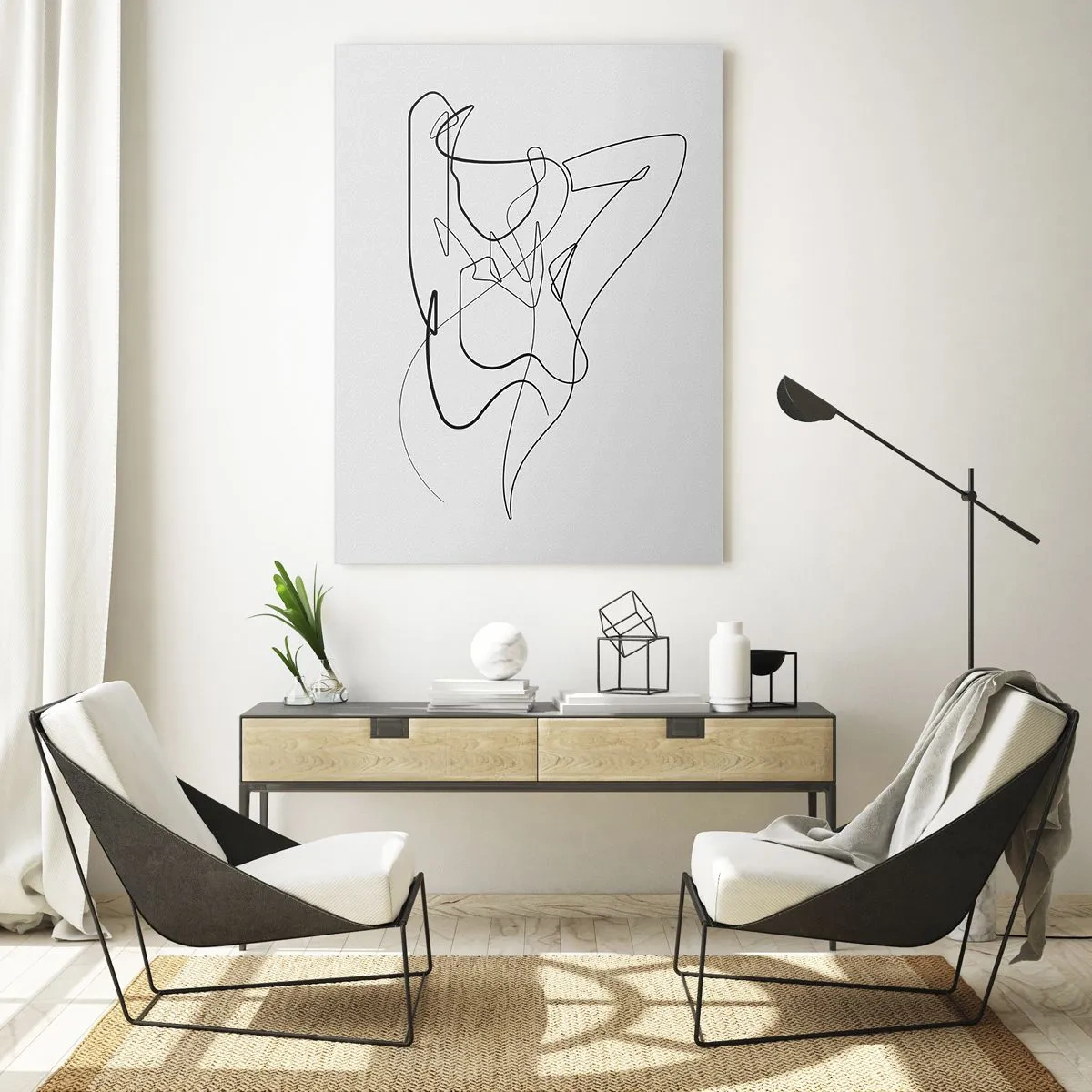 Cuadro sobre vidrio - Impresiones sobre Vidrio - Una silueta femenina dibujada con una sola línea sobre un fondo blanco. - 50x70cm - Realmente, tal y como eres - Decoración de pared moderna para salón y dormitorio ARTTOR