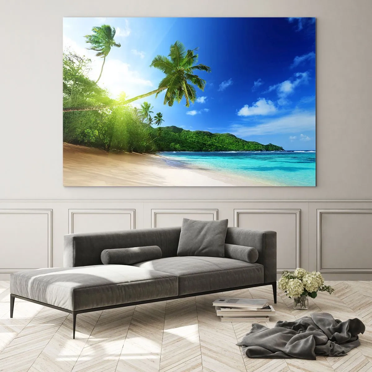 Cuadro sobre vidrio - Impresiones sobre Vidrio - Playa tropical con palmeras y aguas cristalinas. - 120x80cm - Un suave toque tropical - Decoración de pared moderna para salón y dormitorio ARTTOR