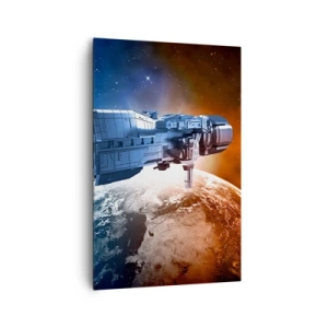 Cuadro sobre lienzo - Impresión de Imagen - Una nave espacial con un planeta en el espacio como telón de fondo. - 80x120cm - Un observador atento - Decoración de pared moderna para salón y dormitorio ARTTOR
