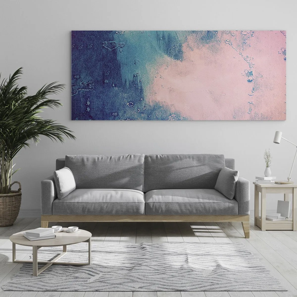 Cuadro sobre vidrio - Impresiones sobre Vidrio - Textura abstracta en tonos rosa y azul. - 120x50cm - Abrazo azul - Decoración de pared moderna para salón y dormitorio ARTTOR