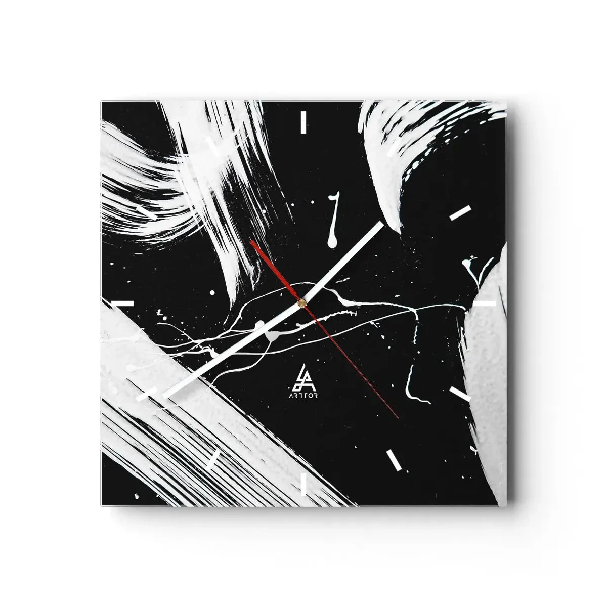 Reloj de pared - Reloj de vidrio - Trazos blancos abstractos sobre un fondo negro - 30x30cm - Rompiendo la oscuridad - Decoración de pared moderna para salón y dormitorio ARTTOR