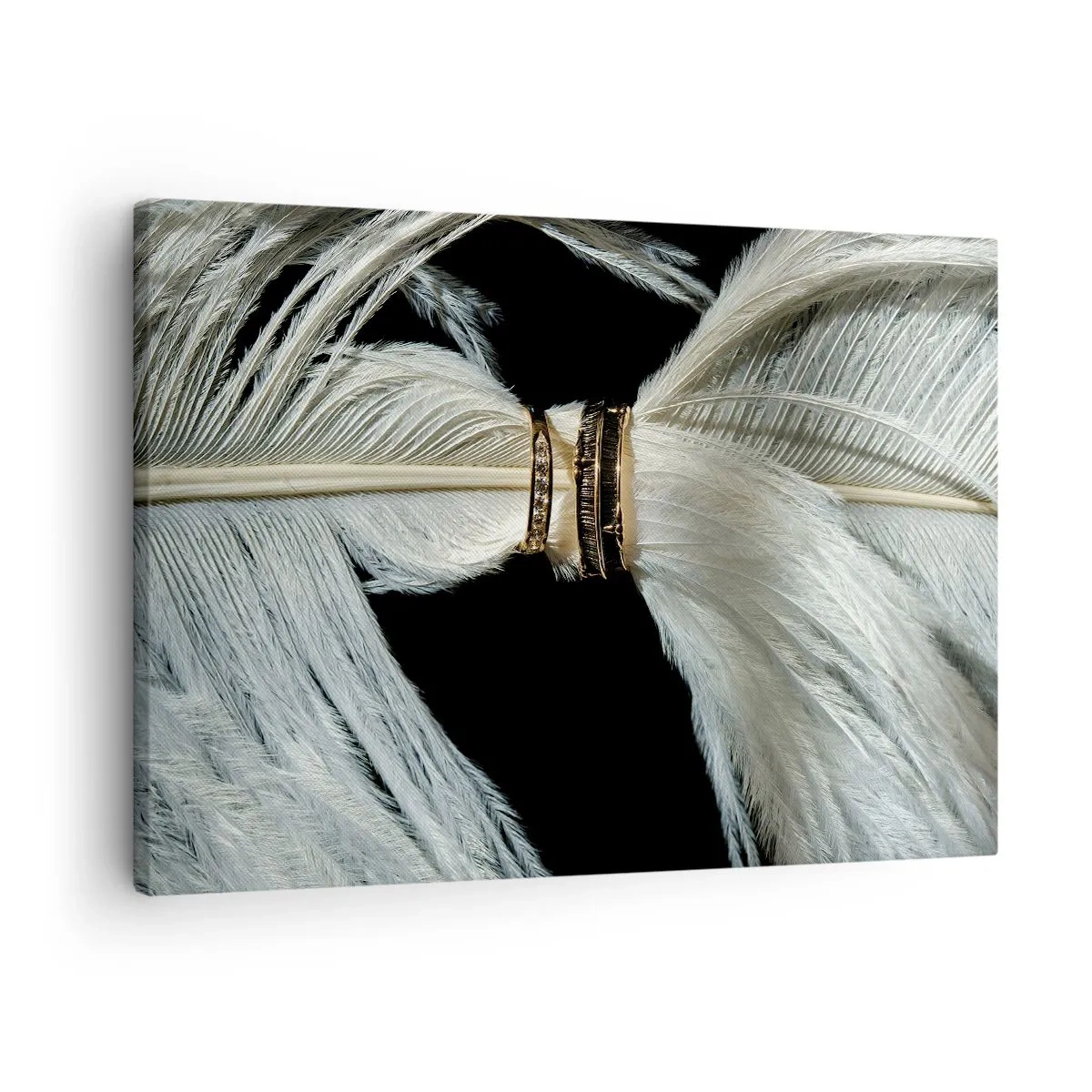 Cuadro sobre lienzo - Impresión de Imagen - Una pluma blanca con dos anillos dorados sobre un fondo negro. - 70x50cm - ...y no te dejaré.... - Decoración de pared moderna para salón y dormitorio ARTTOR