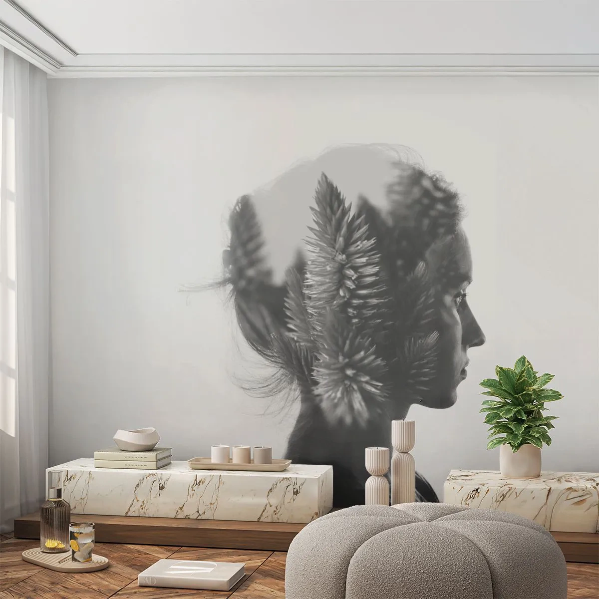 Fotomural Premium Sand - Doble exposición de una mujer y plantas en blanco y negro. - 100x70cm - La dama del bosque de pinos - Decoración de pared moderna para salón y dormitorio ARTTOR