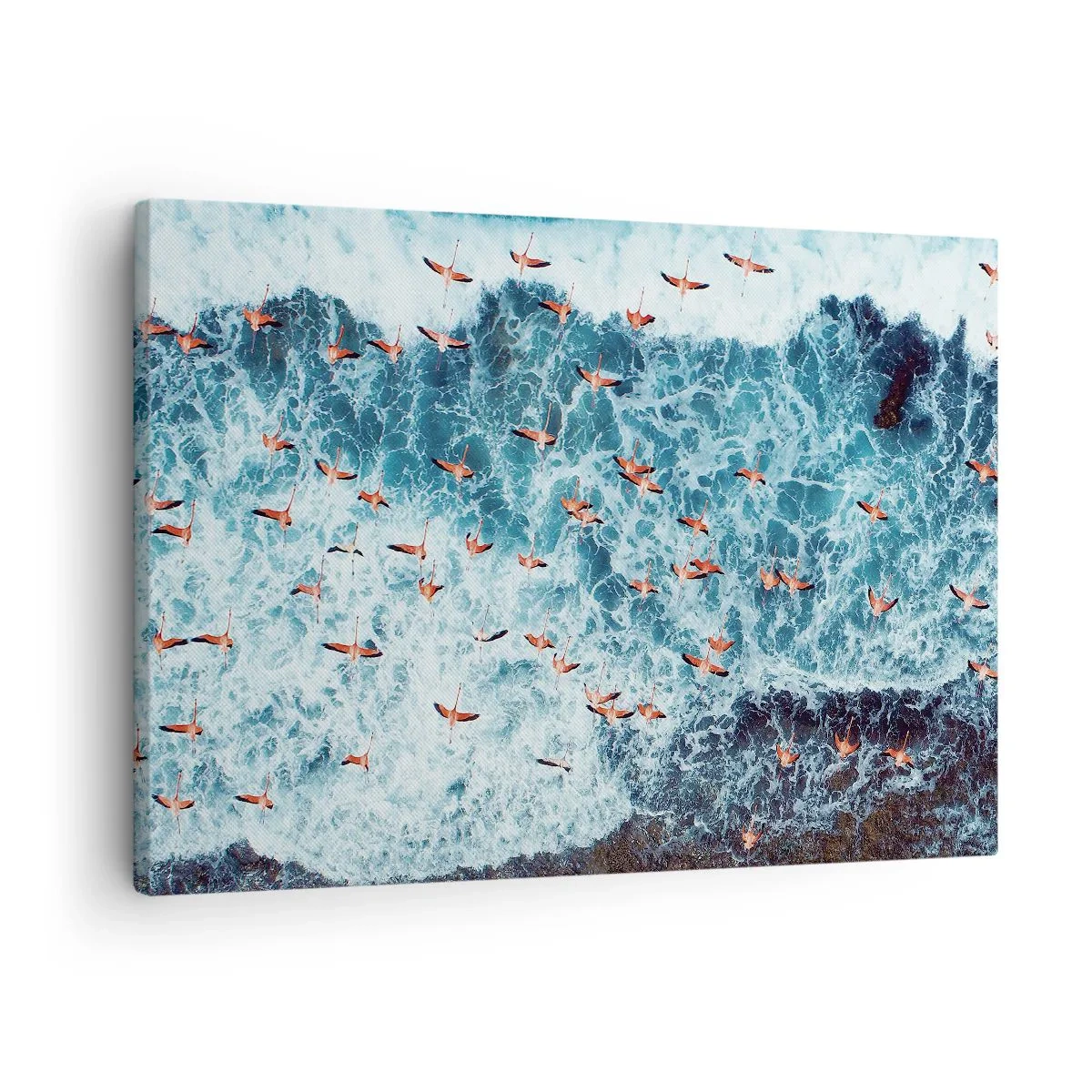 Cuadro sobre lienzo - Impresión de Imagen - Una vista aérea de flamencos rosados sobre un océano azul. - 70x50cm - Un desfile marítimo - Decoración de pared moderna para salón y dormitorio ARTTOR