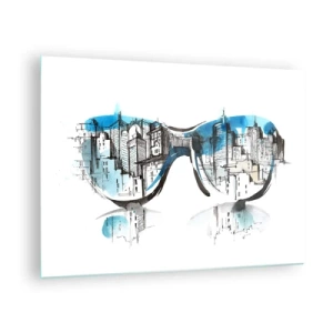 Cuadro sobre vidrio - Impresiones sobre Vidrio - El panorama de la ciudad reflejado en las gafas de sol - 70x50cm - La elegancia de la gran ciudad - Decoración de pared moderna para salón y dormitorio ARTTOR