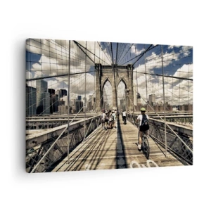 Cuadro sobre lienzo - Impresión de Imagen - Puente de Brooklyn con vista de peatones y ciclistas - 70x50cm - En el corazón de la ciudad - Decoración de pared moderna para salón y dormitorio ARTTOR