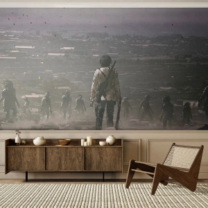 Fotomural Premium Sand - Un guerrero solitario en un mundo postapocalíptico con zombis. - 100x70cm - Soy leyenda - Decoración de pared moderna para salón y dormitorio ARTTOR