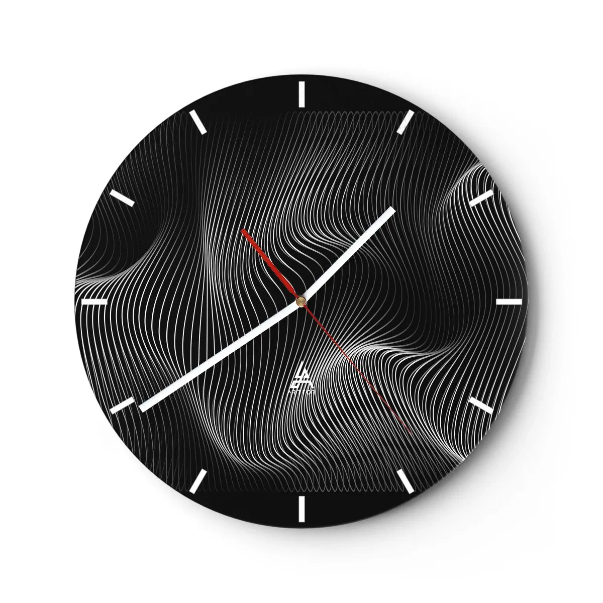 Reloj de pared - Reloj de vidrio - Líneas blancas hipnotizantes sobre un fondo negro creando una onda óptica. - 30x30cm - La danza de la luz en el espacio - Decoración de pared moderna para salón, cocina y dormitorio ARTTOR