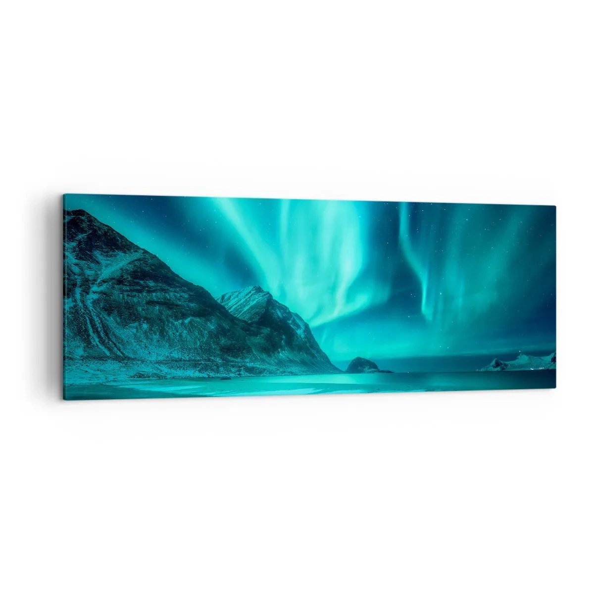 Cuadro sobre lienzo - Impresión de Imagen - Aurora boreal sobre un paisaje invernal montañoso - 140x50cm - Maravillas del norte - Decoración de pared moderna para salón y dormitorio ARTTOR