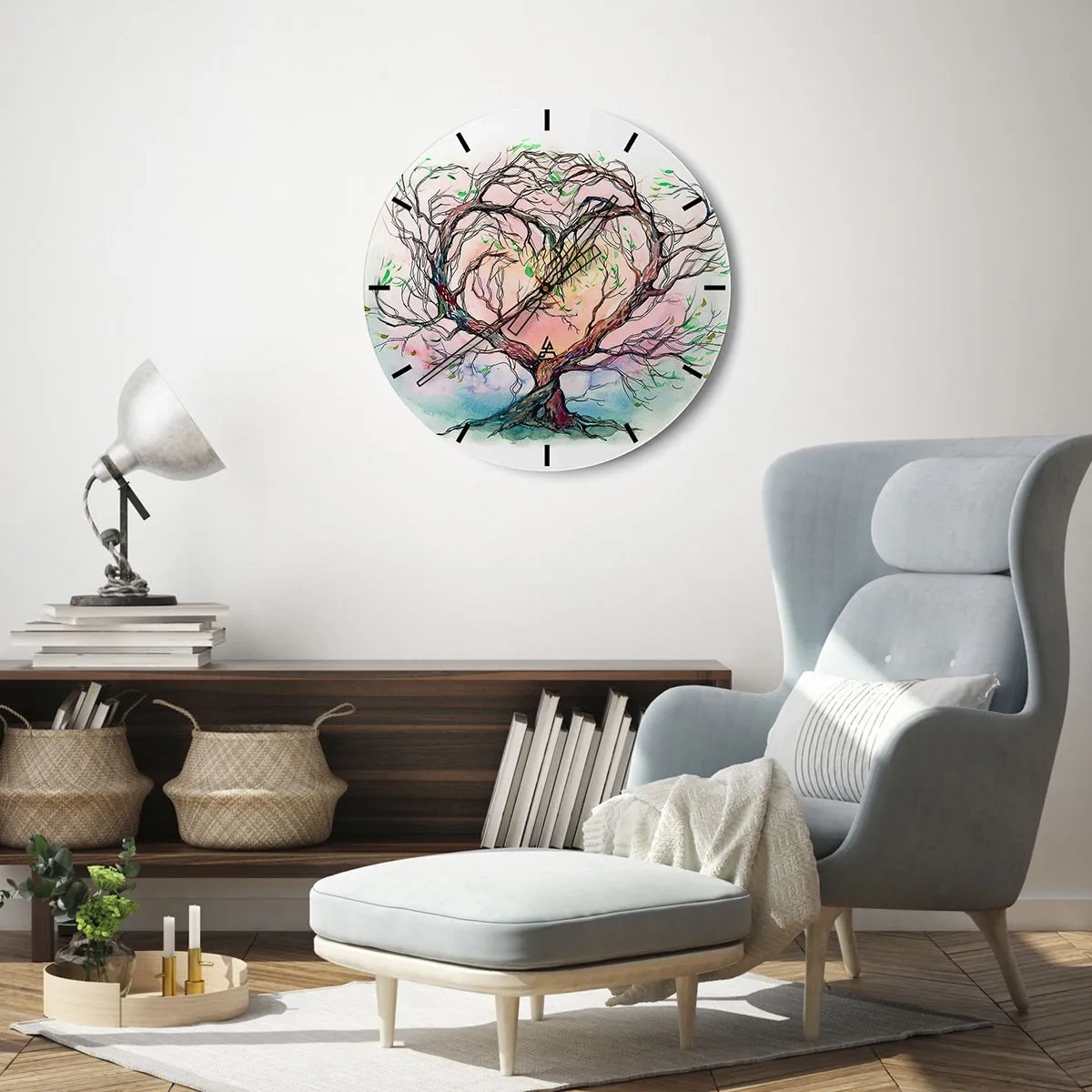 Reloj de pared - Reloj de vidrio - Dos árboles entrelazados en forma de corazón con el sol poniente como fondo. - 30x30cm - Juntos contra los vientos - Decoración de pared moderna para salón, cocina y dormitorio ARTTOR