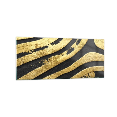 Cuadro sobre vidrio - Impresiones sobre Vidrio - Ondas abstractas doradas sobre un fondo negro - 120x50cm - Todo fluye - Decoración de pared moderna para salón y dormitorio ARTTOR