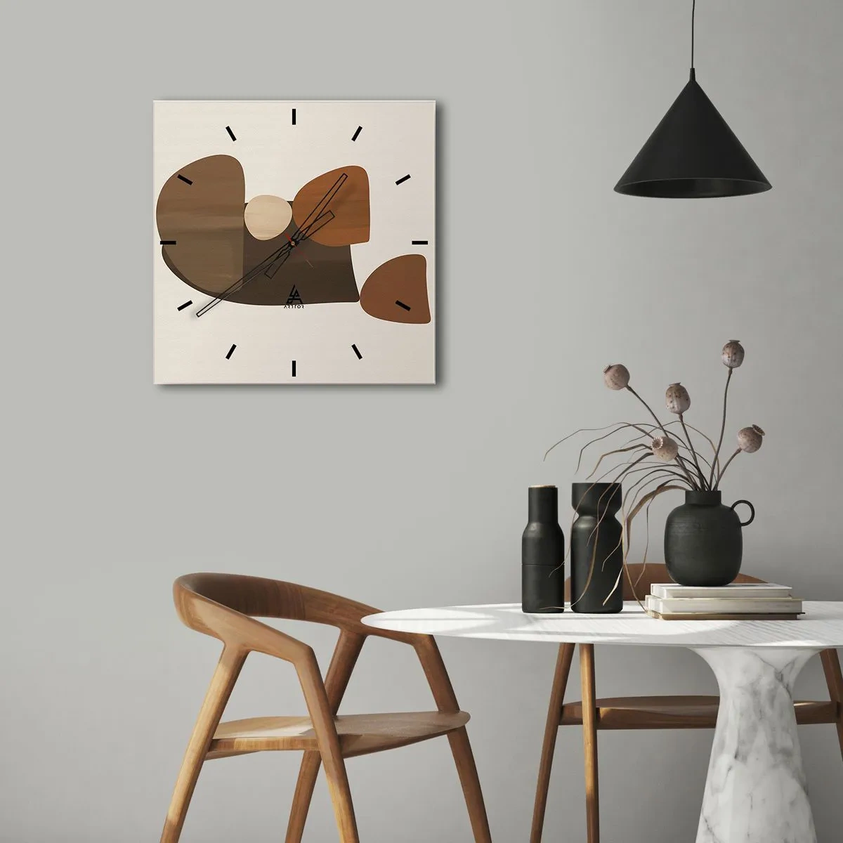 Reloj de pared - Reloj de vidrio - Composición abstracta en tonos marrones y beige. - 30x30cm - Composición en bronce - Decoración de pared moderna para salón y dormitorio ARTTOR