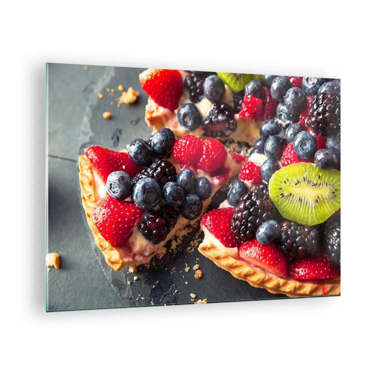 Cuadro sobre vidrio - Impresiones sobre Vidrio - Tarta de frutas con arándanos, kiwi y fresas - 70x50cm - ¡Dolce vita! - Decoración de pared moderna para salón y dormitorio ARTTOR