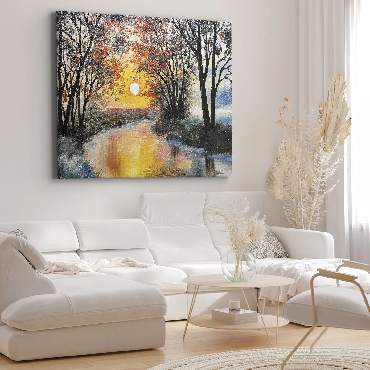 Cuadro sobre lienzo - Impresión de Imagen - Puesta de sol sobre el río en un paisaje otoñal - 100x70cm - Ambiente otoñal - Decoración de pared moderna para salón y dormitorio ARTTOR
