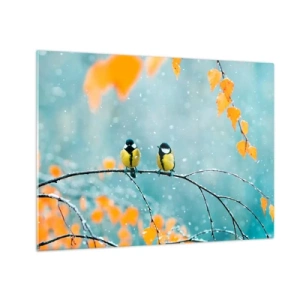 Cuadro sobre vidrio - Impresiones sobre Vidrio - Dos tetas sentadas en una ramita entre hojas caídas - 70x50cm - Cotilleo de pájaros - Decoración de pared moderna para salón y dormitorio ARTTOR