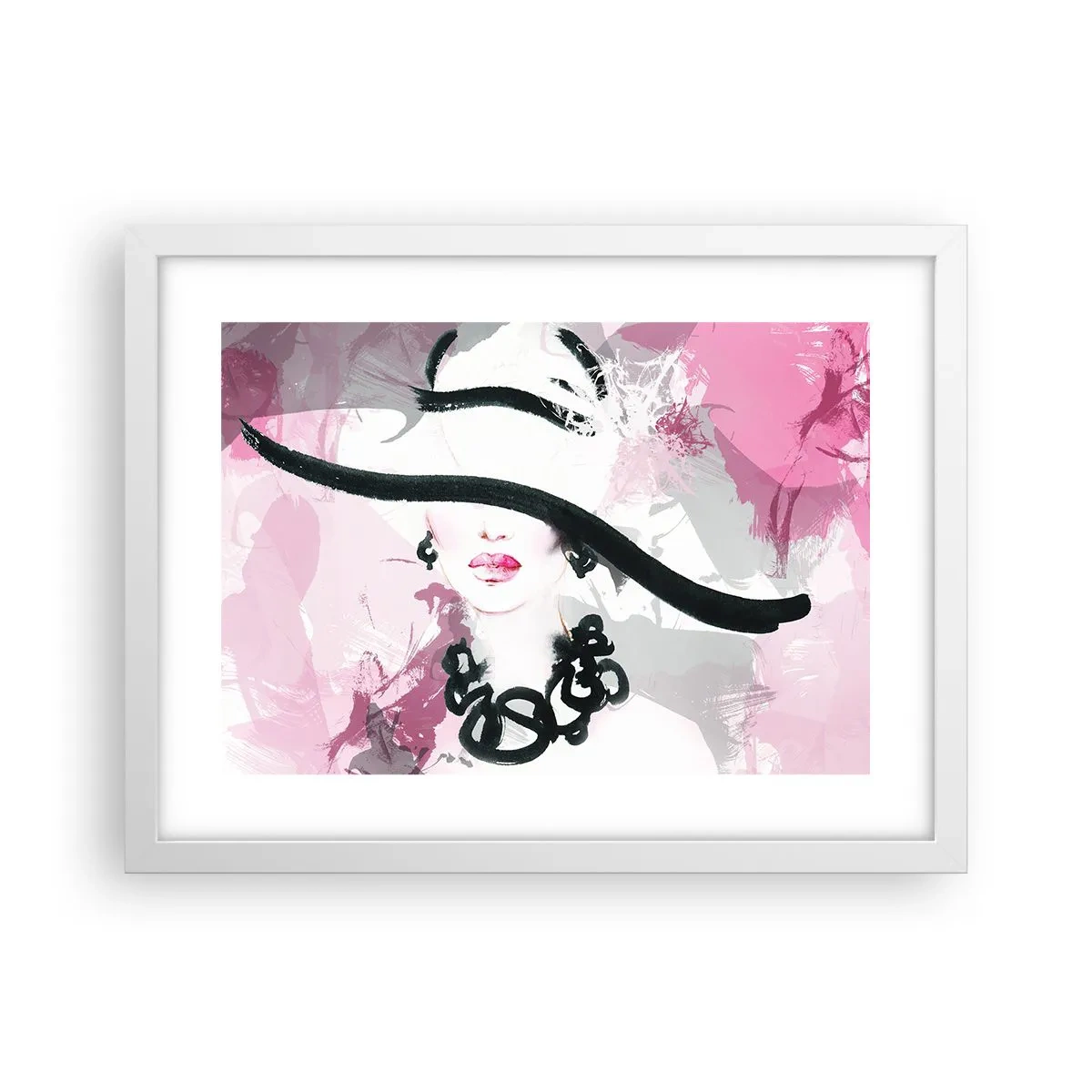 Póster en marco blanco - Retrato de una dama en negro y rosa - 40x30 cm