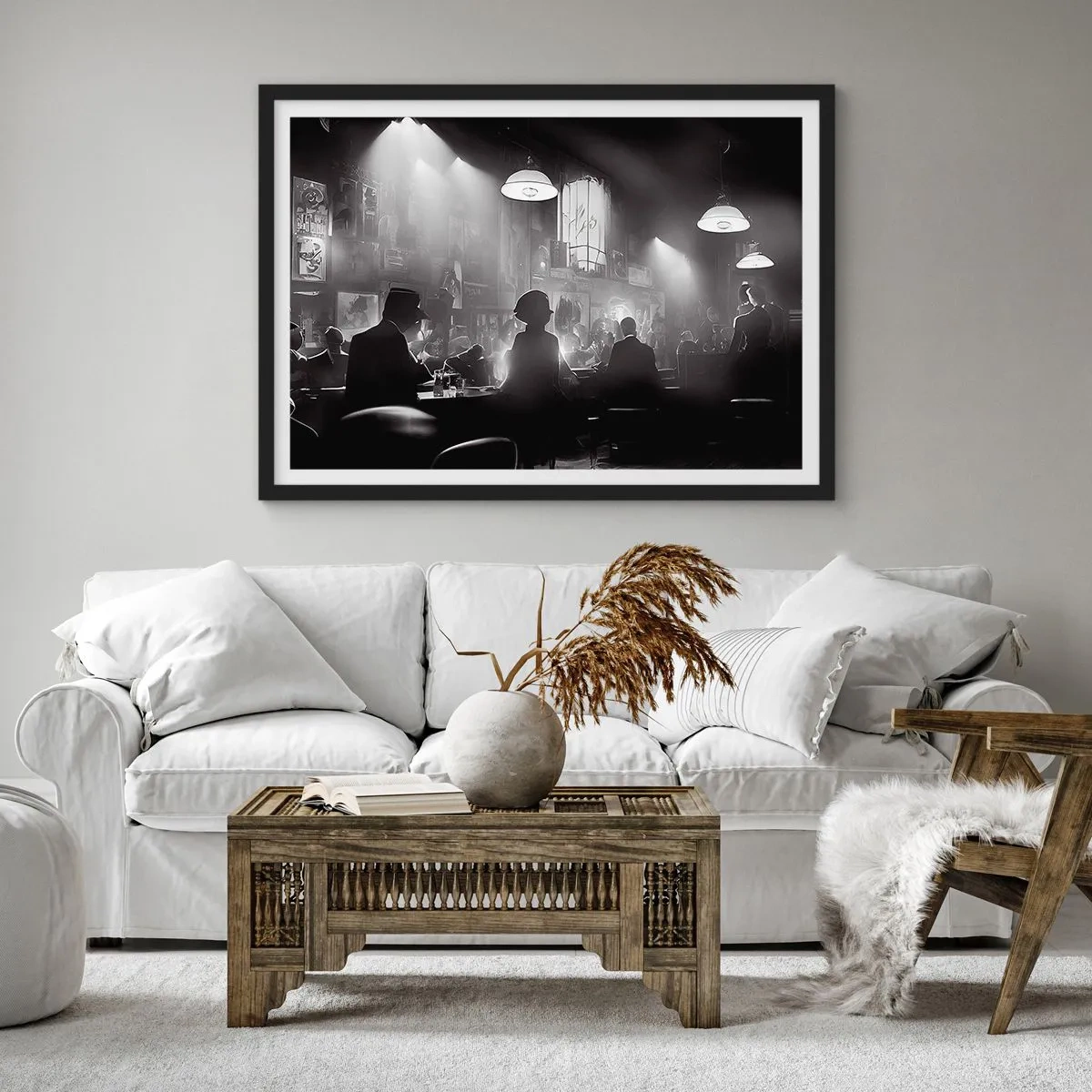 Póster en marco negro - Escena de clubes nocturnos de jazz en blanco y negro - 100x70cm - En clave de jazz - Decoración de pared moderna para salón y dormitorio ARTTOR