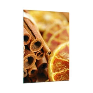 Cuadro sobre vidrio - Impresiones sobre Vidrio - Primer plano de ramas de canela y rodajas de naranja secas - 50x70cm - ¿Puedes oler su aroma? - Decoración de pared moderna para salón y dormitorio ARTTOR