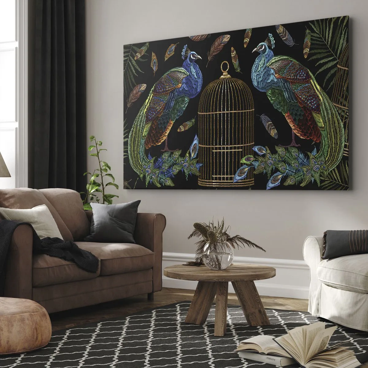 Cuadro sobre lienzo - Impresión de Imagen - Pavos reales junto a una jaula dorada sobre un fondo negro - 70x50cm - Con plumajes reales - Decoración de pared moderna para salón y dormitorio ARTTOR