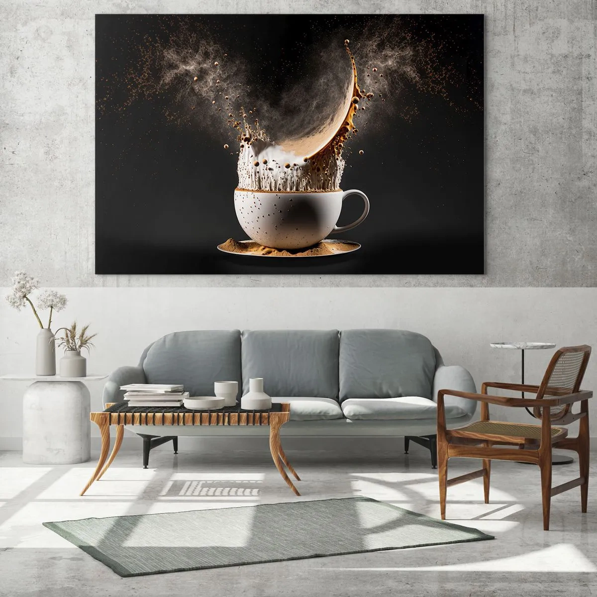 Cuadro sobre vidrio - Impresiones sobre Vidrio - Salpicaduras de café con leche en una toma dinámica. - 100x70cm - Una explosión de sabor - Decoración de pared moderna para salón y dormitorio ARTTOR