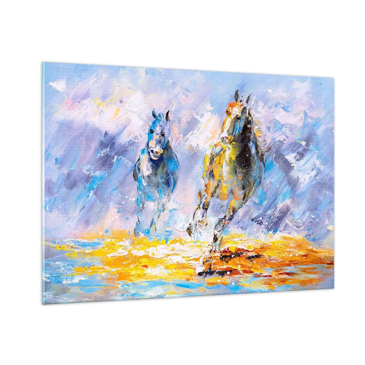 Cuadro sobre vidrio - Impresiones sobre Vidrio - Dos caballos galopando a través del agua en un estilo artístico. - 100x70cm - Galopando a través del resplandor - Decoración de pared moderna para salón y dormitorio ARTTOR
