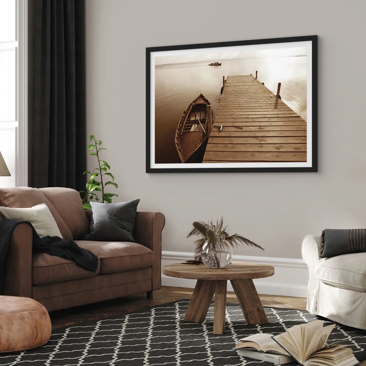 Póster en marco negro - Muelle de madera y barco en un lago tranquilo - 70x50cm - La auténtica paz - Decoración de pared moderna para salón y dormitorio ARTTOR