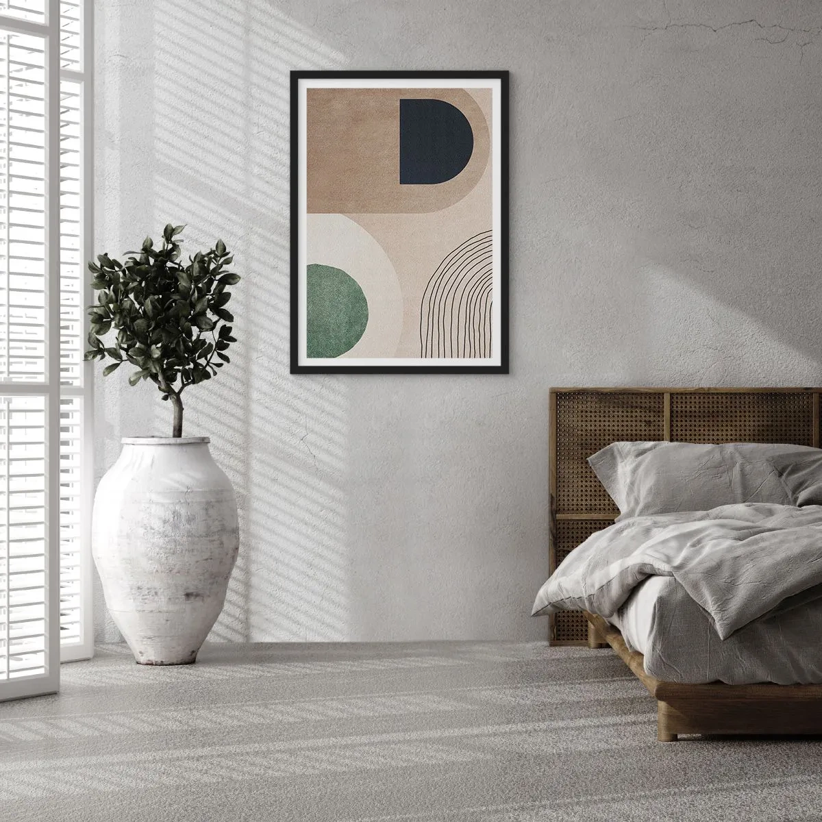 Póster en marco negro - Abstracción geométrica en tonos beige, verde y negro. - 50x70cm - La delicadeza de un óvalo - Decoración de pared moderna para salón y dormitorio ARTTOR