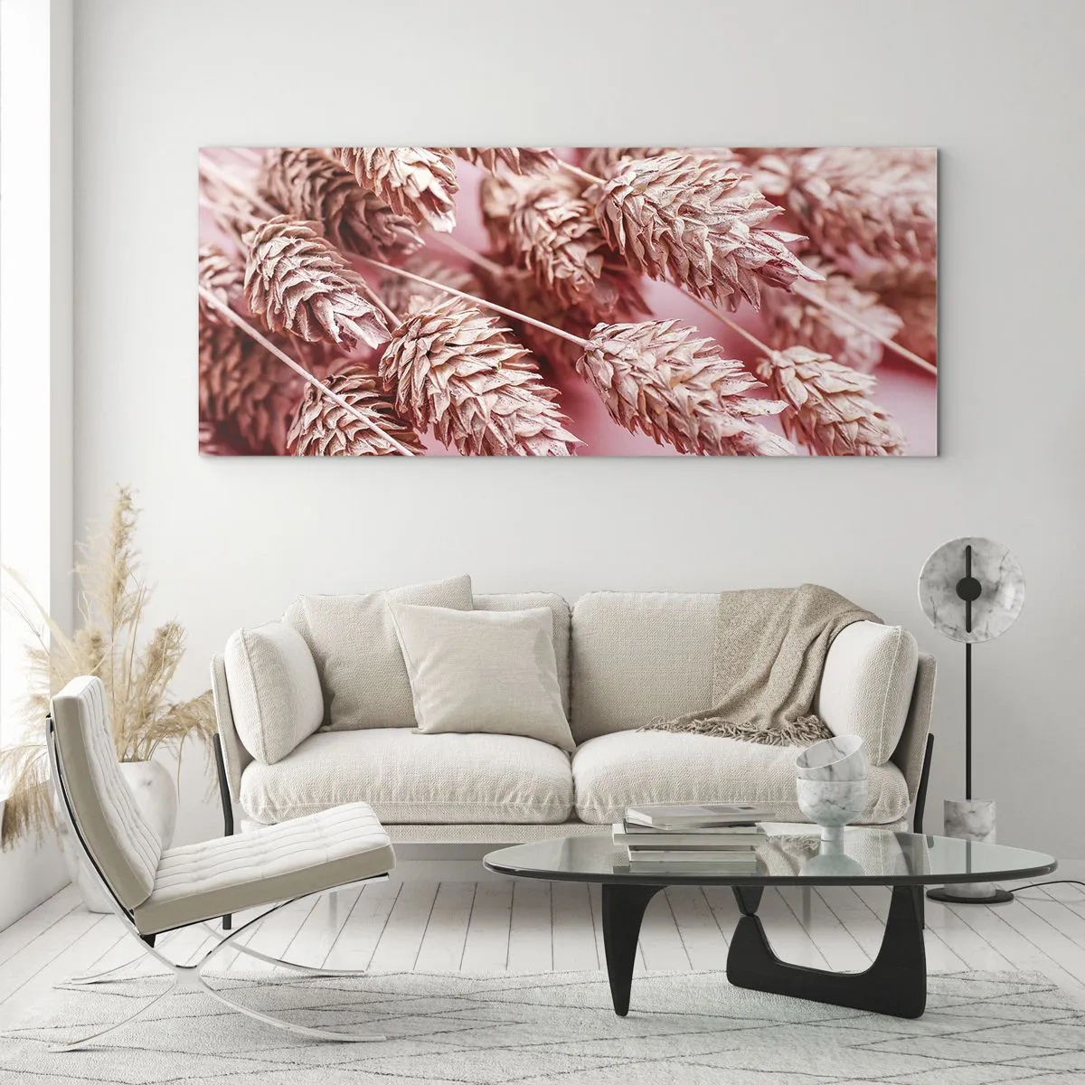 Cuadro sobre vidrio - Impresiones sobre Vidrio - Primer plano de las orejas teñidas de rosa. - 120x50cm - Estructura floral en rosa - Decoración de pared moderna para salón y dormitorio ARTTOR