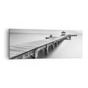 Cuadro sobre lienzo - Impresión de Imagen - Una vista en blanco y negro de un muelle de madera sobre aguas tranquilas. - 140x50cm - Lejos - Decoración de pared moderna para salón y dormitorio ARTTOR