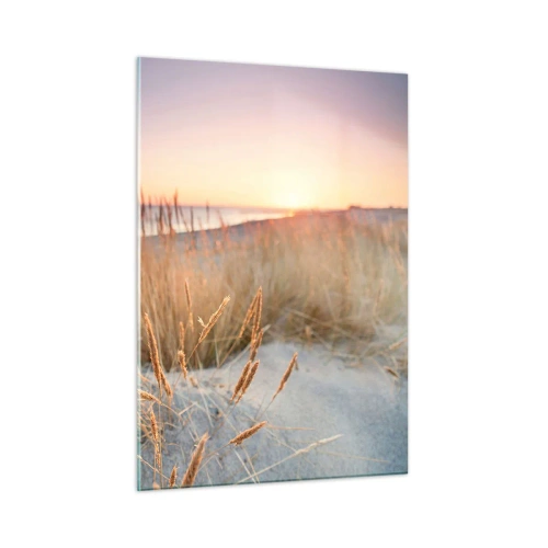 Cuadro sobre vidrio - Impresiones sobre Vidrio - Una playa con césped y la puesta de sol sobre el mar. - 50x70cm - Dulce nana del Báltico - Decoración de pared moderna para salón y dormitorio ARTTOR
