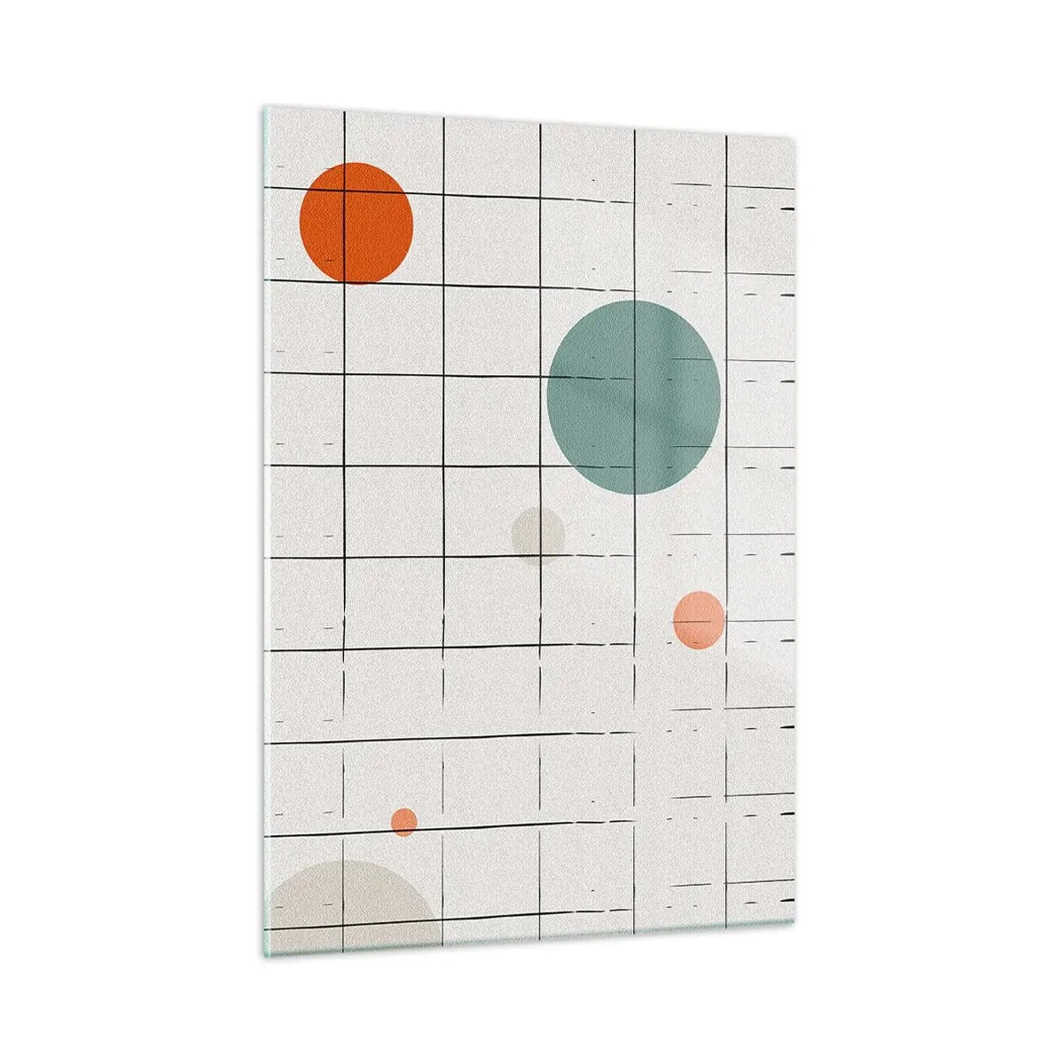 Cuadro sobre vidrio - Impresiones sobre Vidrio - Círculos coloridos en una cuadrícula geométrica de líneas finas. - 50x70cm - Atrapados. ¿Nosotros o ellos? - Decoración de pared moderna para salón y dormitorio ARTTOR