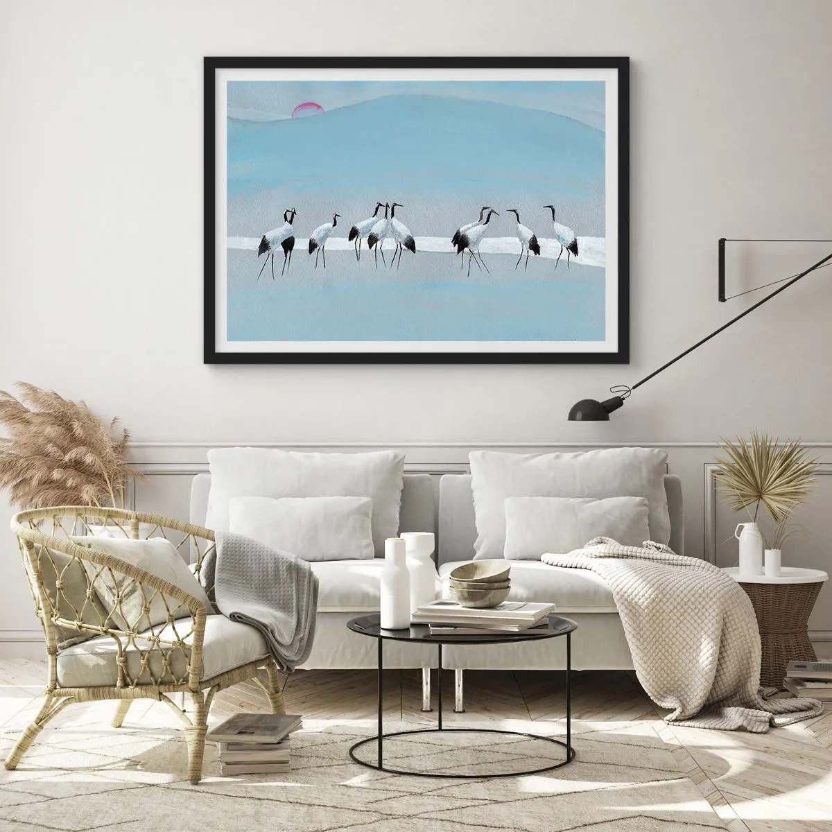 Póster en marco negro - Un grupo de grullas contra un cielo azul y el sol naciente. - 100x70cm - Después de un día caluroso - Decoración de pared moderna para salón y dormitorio ARTTOR