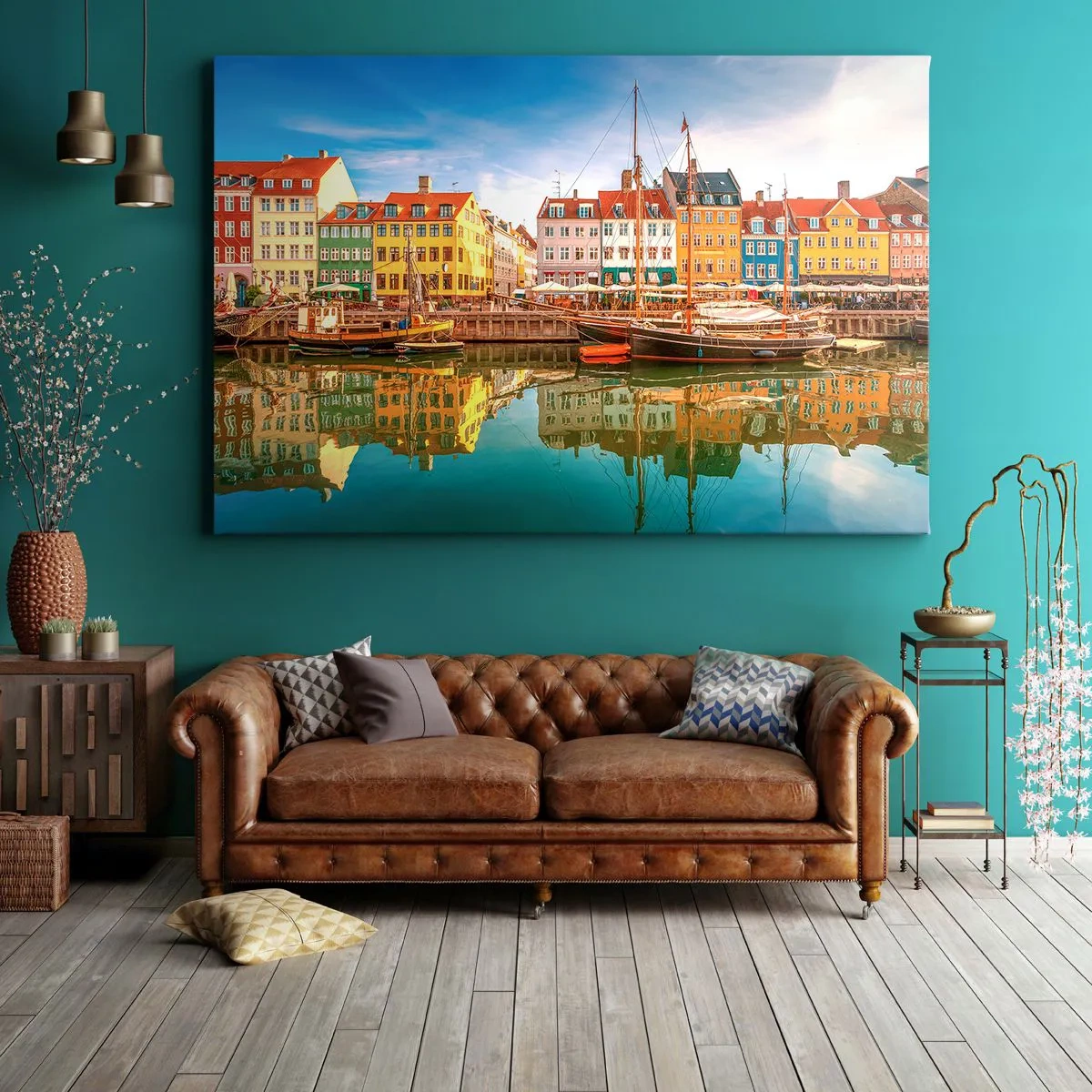 Cuadro sobre lienzo - Impresión de Imagen - Casas coloridas en los canales de Copenhague - 70x50cm - Sobre el agua tan suave como un espejo - Decoración de pared moderna para salón y dormitorio ARTTOR