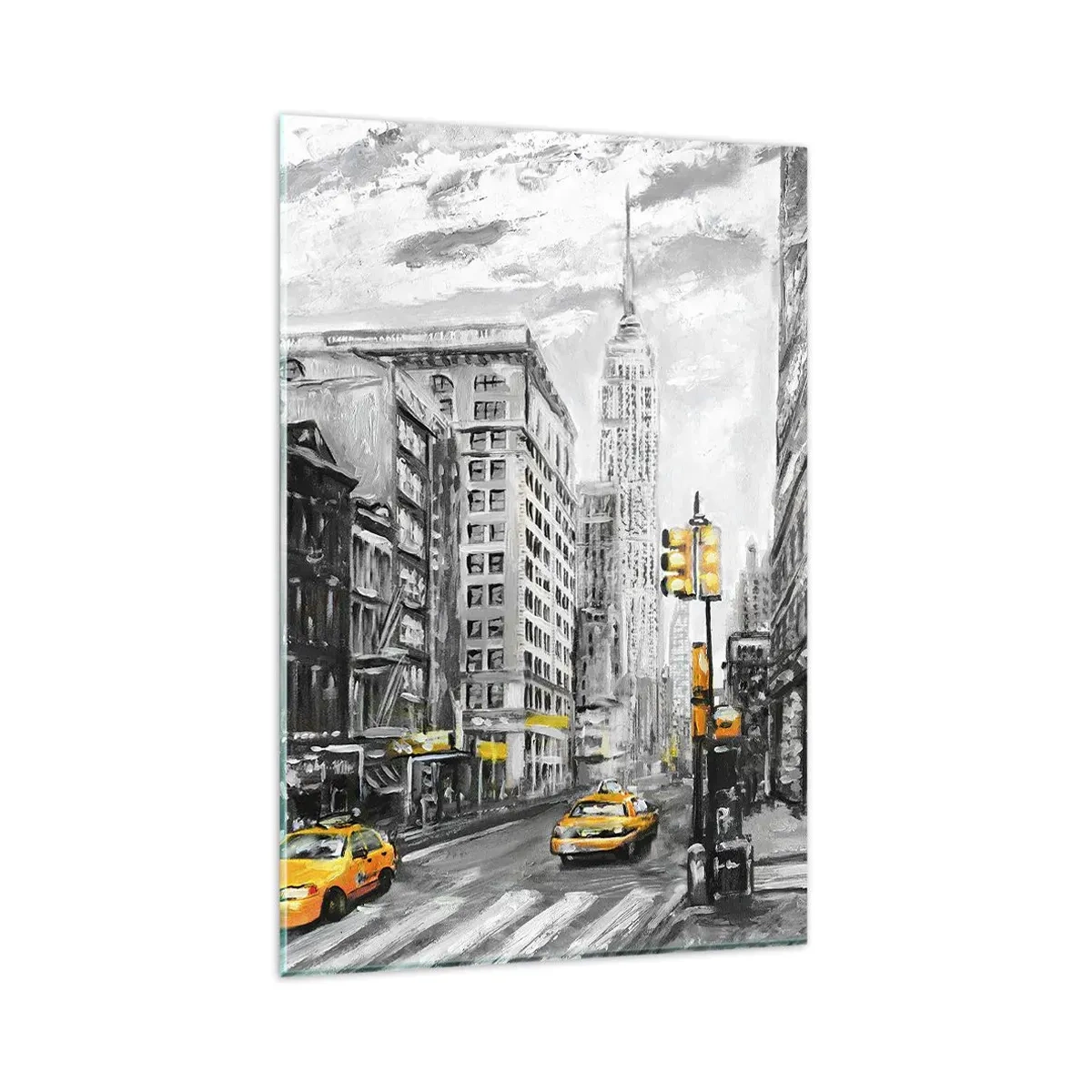 Cuadro sobre vidrio - Impresiones sobre Vidrio - Calle de Nueva York con acentos amarillos - 80x120cm - Una de las muchas historias de la gran manzana - Decoración de pared moderna para salón y dormitorio ARTTOR