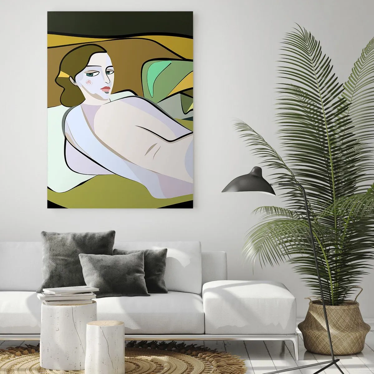 Cuadro sobre vidrio - Impresiones sobre Vidrio - Silueta femenina en estilo abstracto con fondo geométrico. - 50x70cm - Retrato íntimo - Decoración de pared moderna para salón y dormitorio ARTTOR