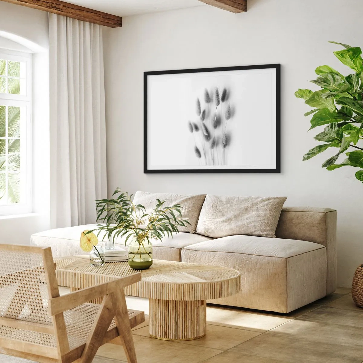 Póster en marco negro - Hierbas delicadas en tonos grises sobre un fondo blanco. - 100x70cm - Esponjas naturales - Decoración de pared moderna para salón y dormitorio ARTTOR