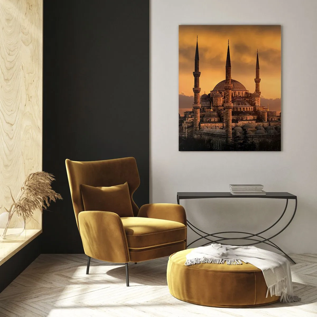 Cuadro sobre vidrio - Impresiones sobre Vidrio - La Mezquita Azul con el atardecer como telón de fondo - 50x70cm - Dios es grande - Decoración de pared moderna para salón y dormitorio ARTTOR