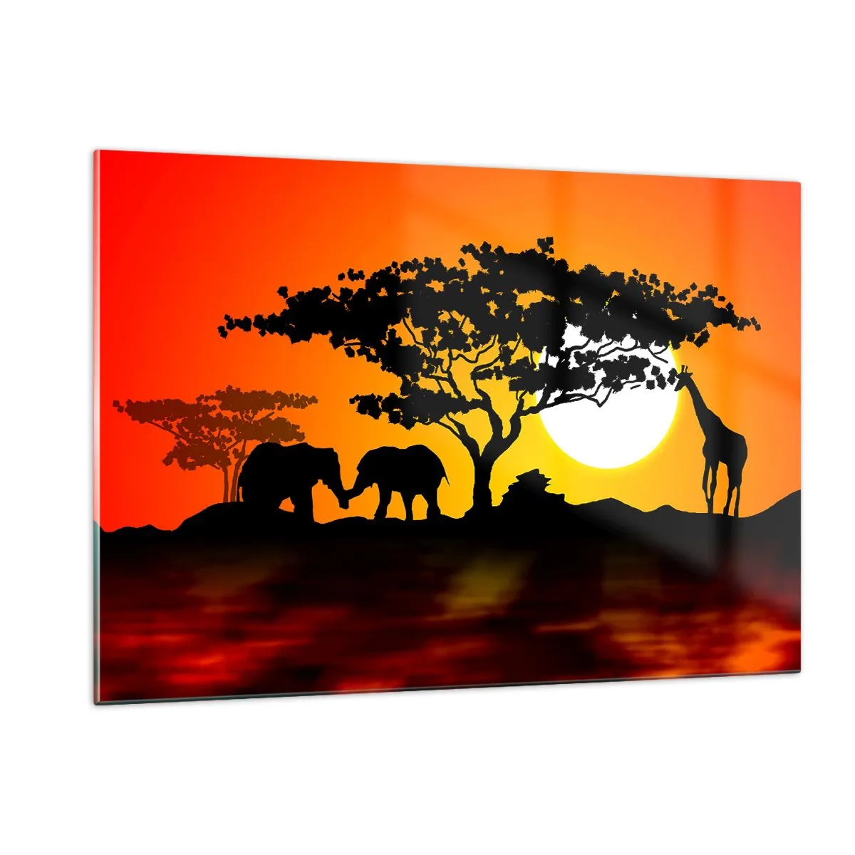 Cuadro sobre vidrio - Impresiones sobre Vidrio - Paisaje africano con árboles y animales al atardecer. - 120x80cm - Reunión en la sabana - Decoración de pared moderna para salón y dormitorio ARTTOR