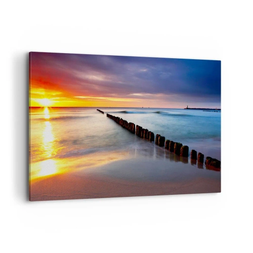 Cuadro sobre lienzo - Impresión de Imagen - Puesta de sol sobre el mar con un rompeolas en primer plano - 120x80cm - Escuchar el silencio - Decoración de pared moderna para salón y dormitorio ARTTOR