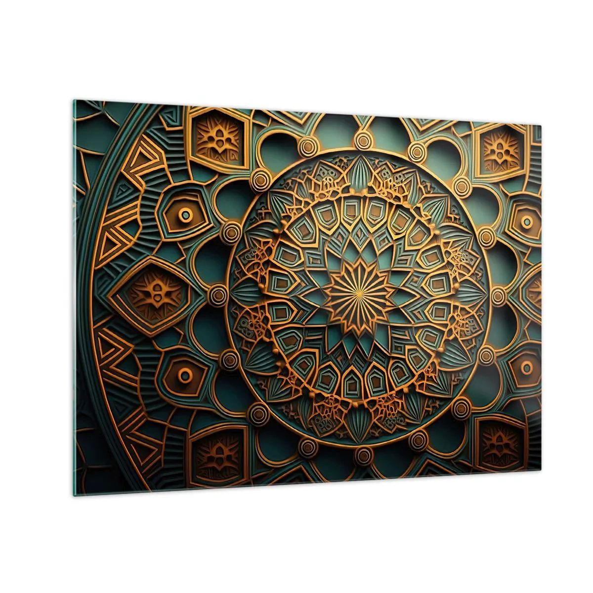 Cuadro sobre vidrio - Impresiones sobre Vidrio - Adorno de oro y turquesa al estilo de un mosaico árabe. - 70x50cm - En un clima árabe - Decoración de pared moderna para salón y dormitorio ARTTOR