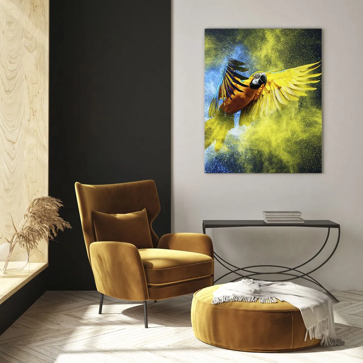 Cuadro sobre vidrio - Impresiones sobre Vidrio - Un loro en vuelo sobre un fondo de explosiones de colores amarillo y azul. - 80x120cm - En polvo azul y dorado - Decoración de pared moderna para salón y dormitorio ARTTOR