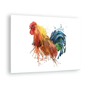 Cuadro sobre vidrio - Impresiones sobre Vidrio - Gallo de acuarela en colores vivos sobre un fondo blanco. - 70x50cm - Un manto real, un orgullo real - Decoración de pared moderna para salón y dormitorio ARTTOR