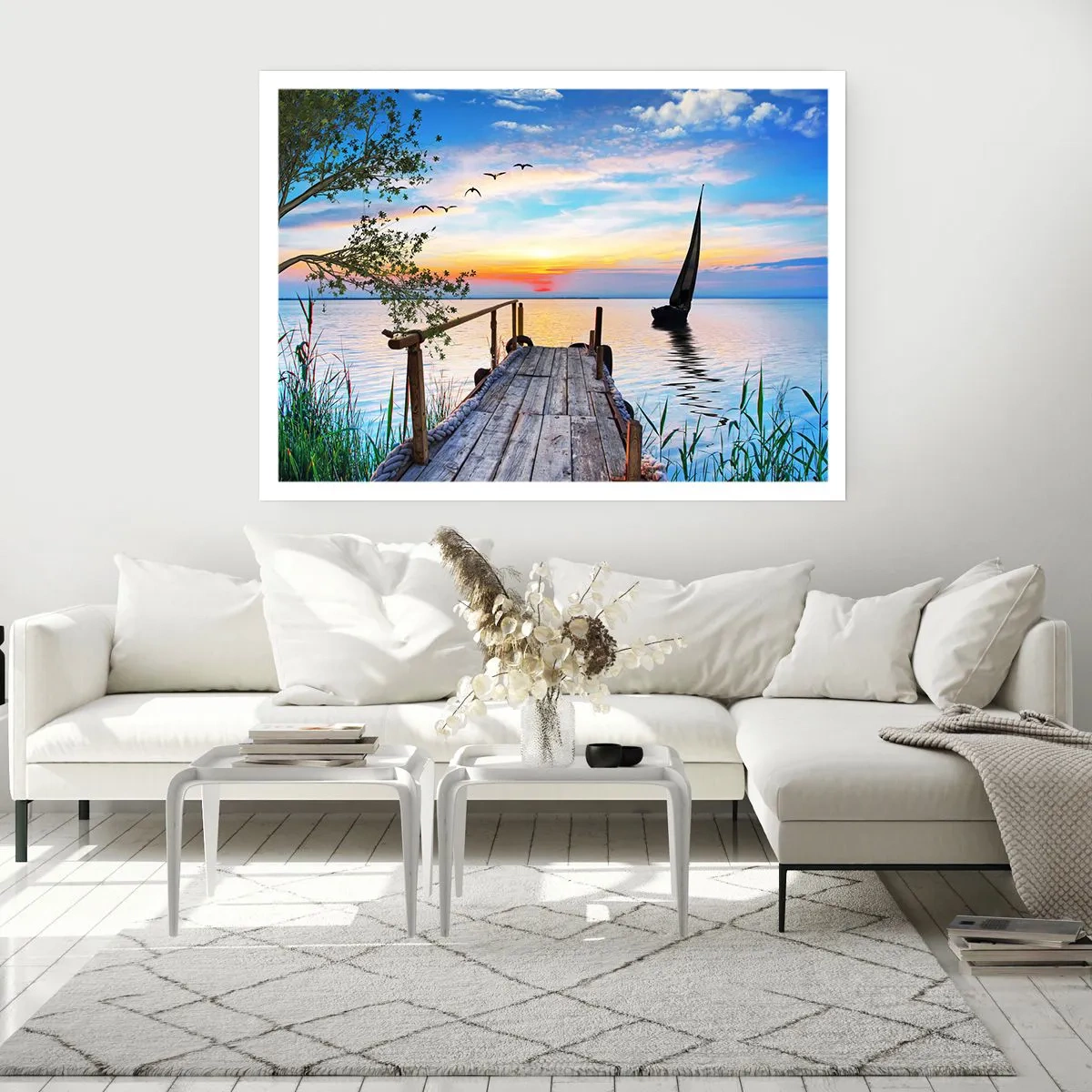 Póster - Muelle del lago con barco y puesta de sol - 100x70cm - Que llegue la noche - Decoración de pared moderna para salón y dormitorio ARTTOR