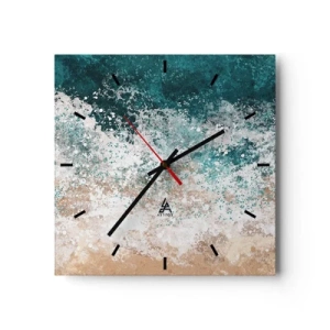 Reloj de pared - Reloj de vidrio - Ola marina abstracta en tonos turquesa y beige - 30x30cm - Historias del mar - Decoración de pared moderna para salón y dormitorio ARTTOR