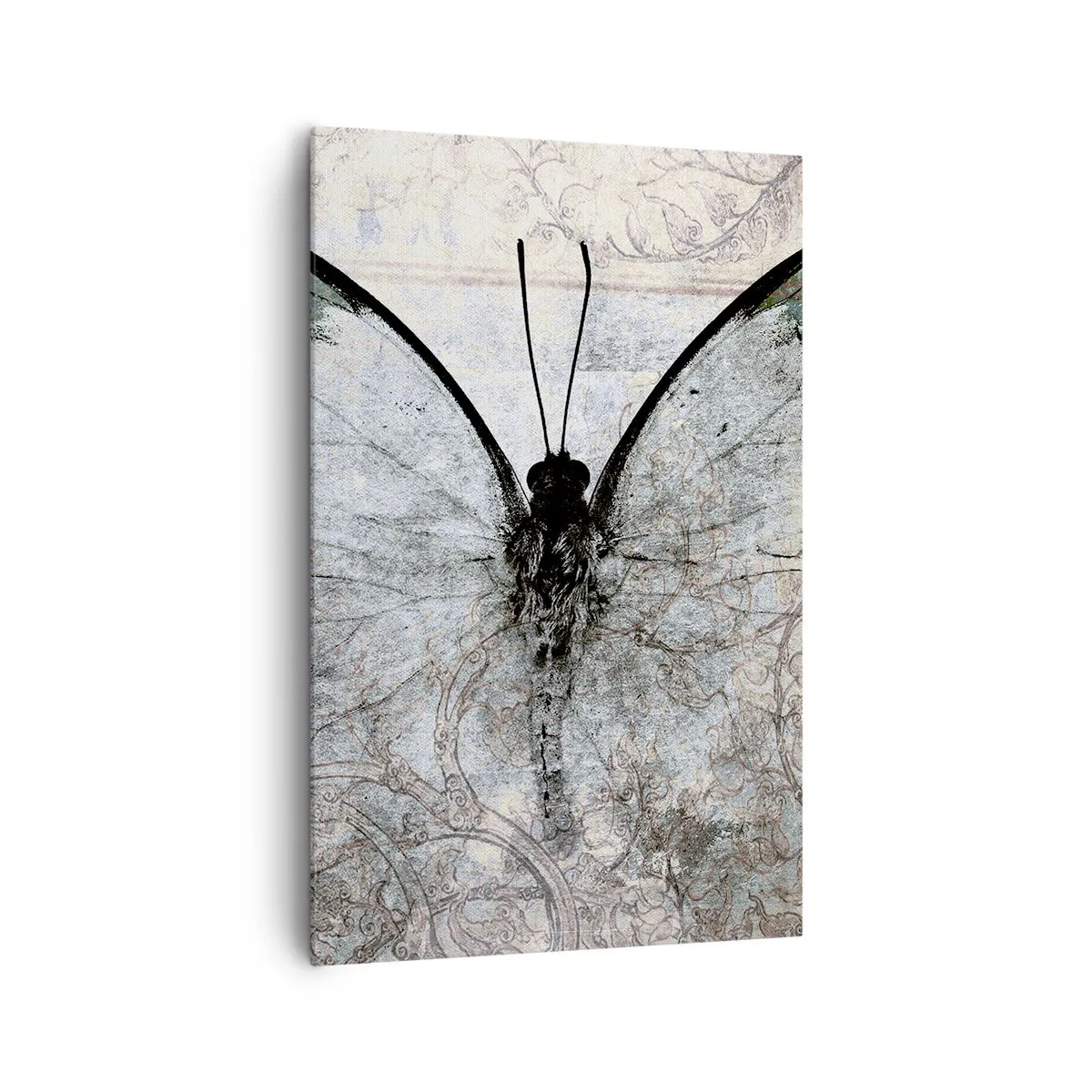Cuadro sobre lienzo - Impresión de Imagen - Una mariposa en tonos verdes y grises sobre un fondo decorativo. - 80x120cm - En el estilo Art Nouveau - Decoración de pared moderna para salón y dormitorio ARTTOR
