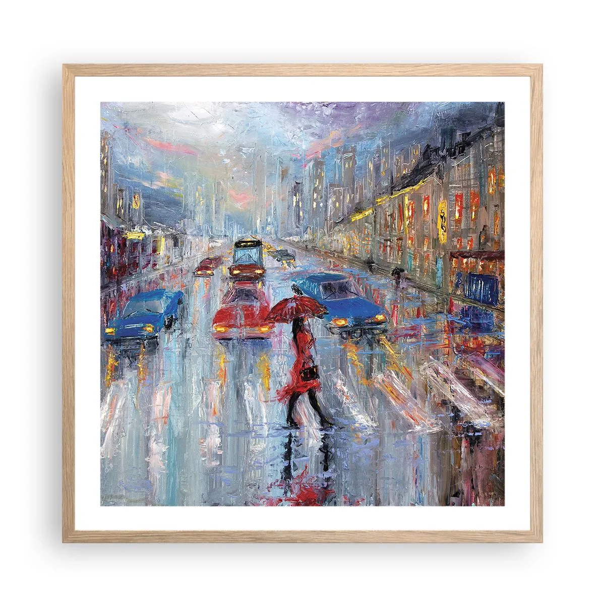 Póster en marco roble claro - Una tarde de lluvia en la ciudad - 60x60 cm