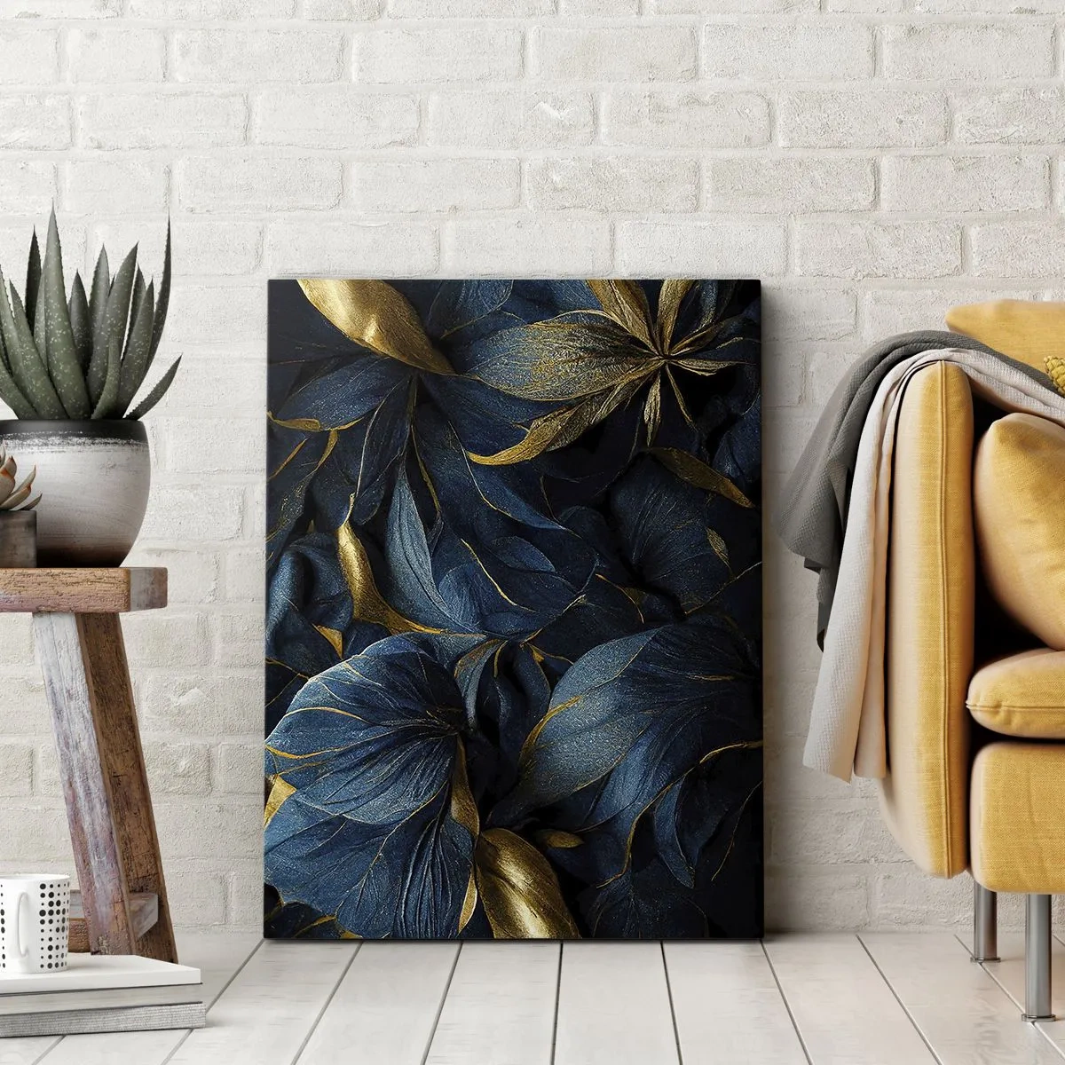 Cuadro sobre lienzo - Impresión de Imagen - Hojas elegantes en tonos dorados y azul marino. - 50x70cm - Forradas de oro - Decoración de pared moderna para salón y dormitorio ARTTOR